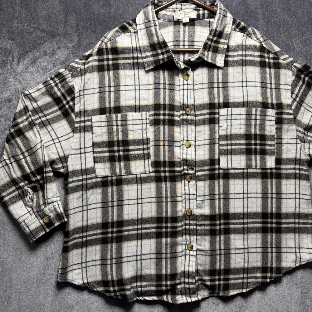 No Comment Plus Shirt Sz 3X White Plaid Flannel Button Up Long Sleeve Pockets